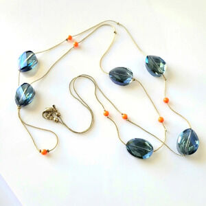 Extended Necklace / Glass Beads / Blue on Silvertone